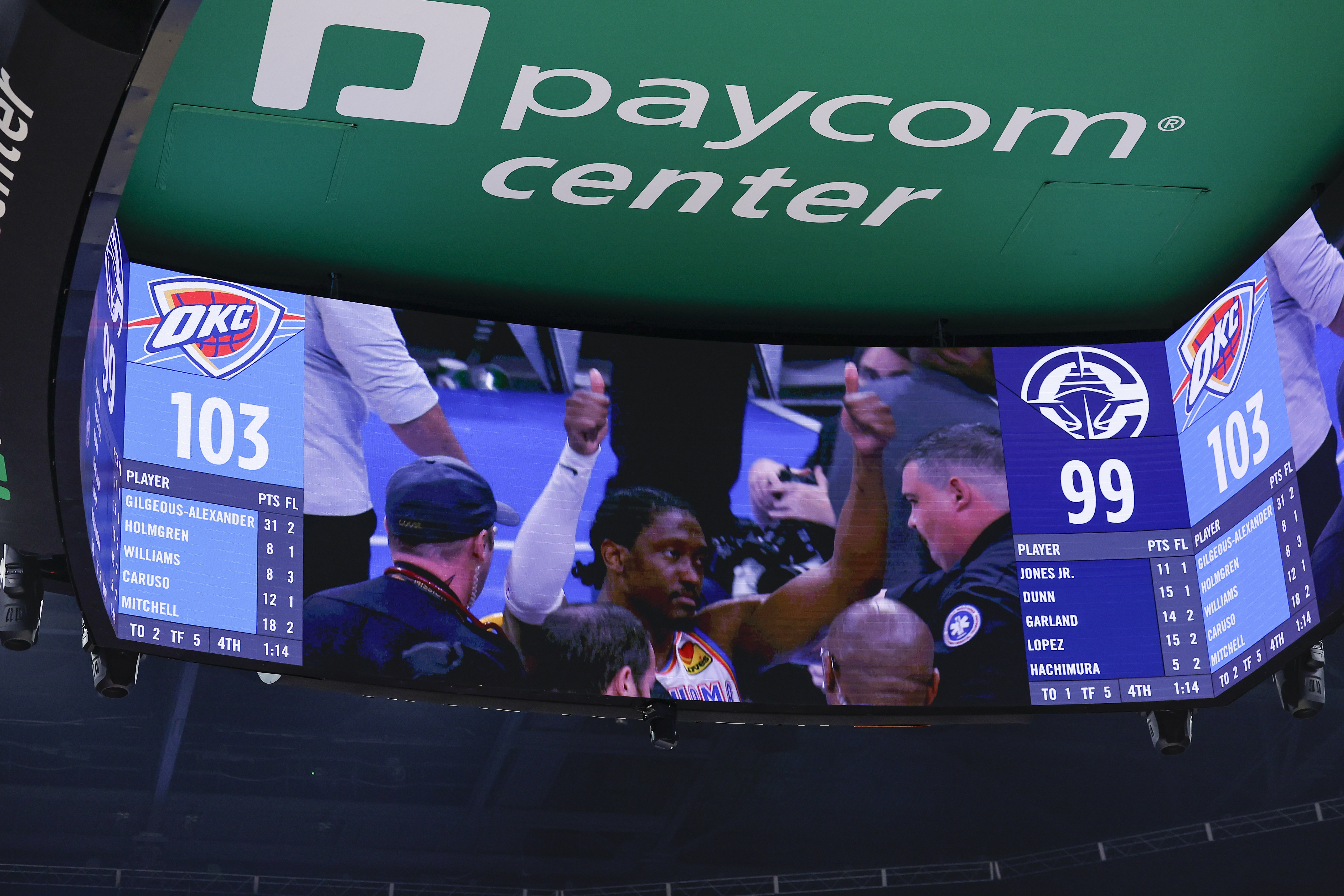 The Paycom Center video board shows Williams' thumbs-up after the injury — Alonzo Adams/Imagn Images via NBC Sports