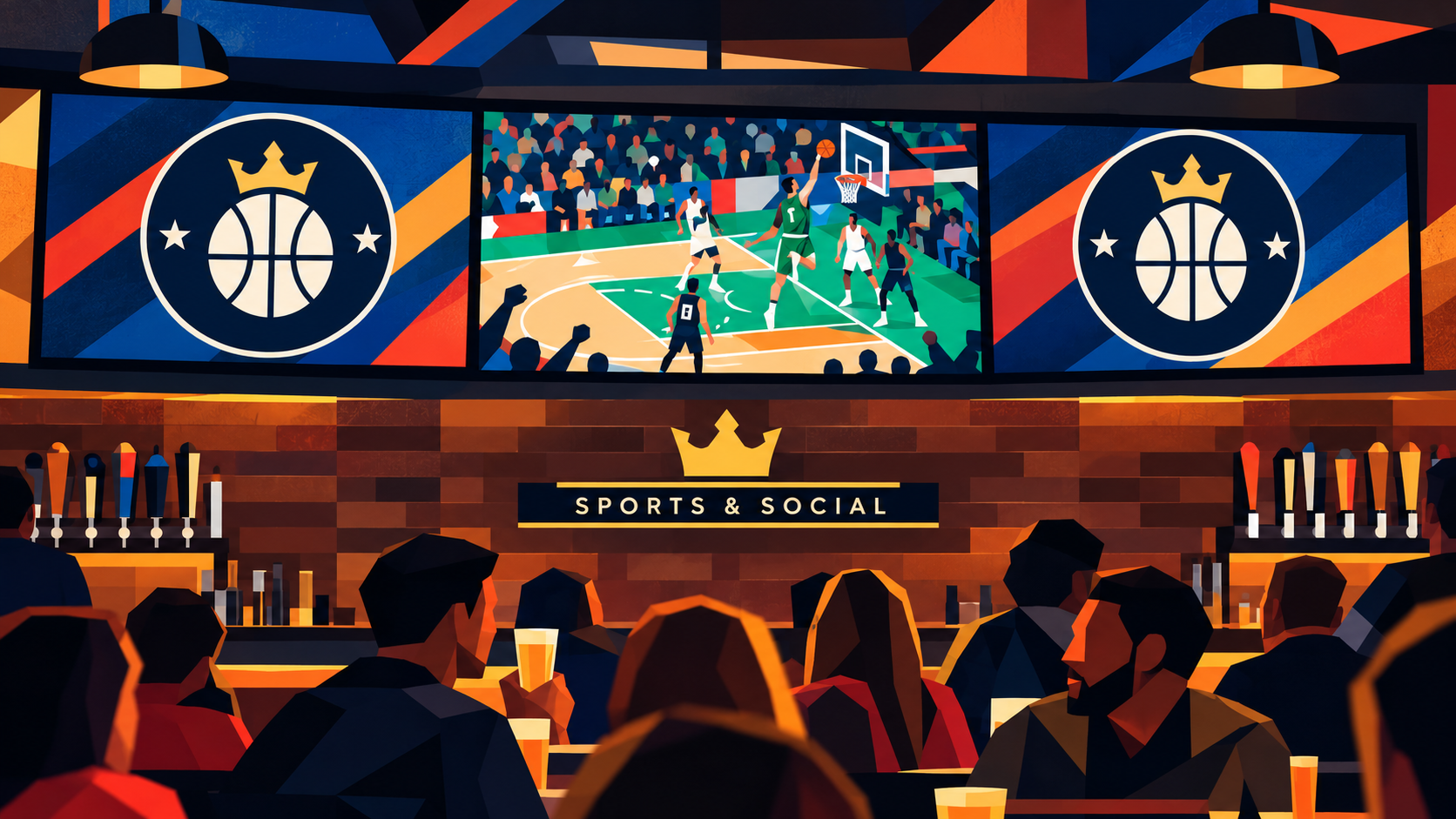 A DraftKings Sports & Social venue displays an NBA game for patrons.