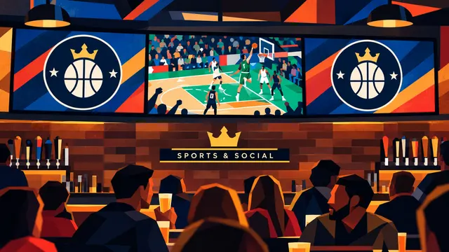 A DraftKings Sports & Social venue displays an NBA game for patrons.